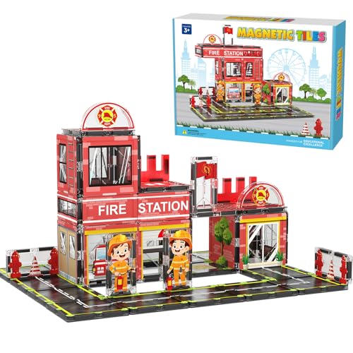 AFUNX Magnetic Tiles, 50PCS Fire Station Theme Building Blocks Set, Magnet Building Blocks and STEM Preschool Toys for Toddlers Kids Ages 3-5 5-7 8-10
