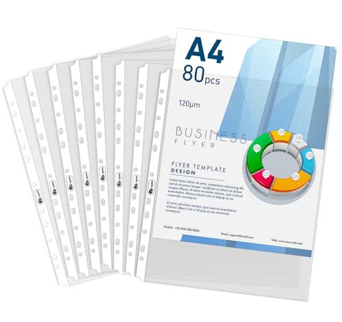 Agoer 80 Clear Sheet Protectors for Binders,Heavyweight A4 Punched Pocket with Sticky Tabs,120 Micron Acid Free Binder Sleeves Reinforced 11-Hole,Top Loading Plastic Dividers for Documents,Photos