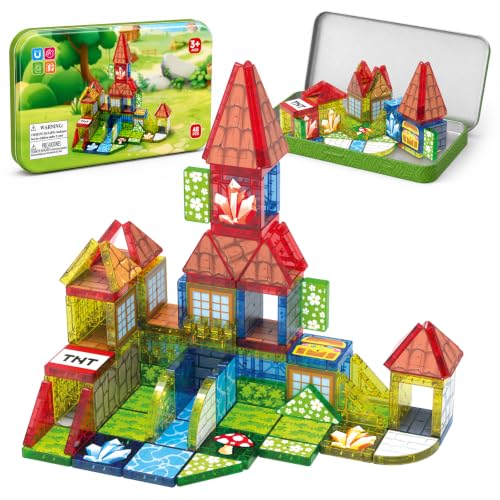 AIDYVOI 48PCS Mini Magnetic Tiles Building Set with Storage Box, Magnetic Blocks Castle Playset for Kids, Travel Set STEM Learning Building Toys for Boys Girls Ages 3+, Birthday