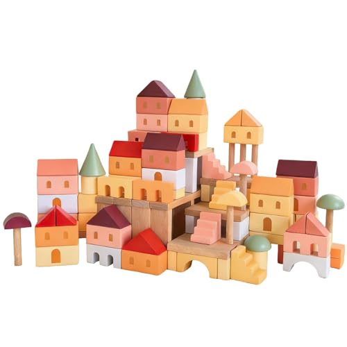Aieocoi 155 Pieces Wooden Blocks Set, Pink Colored Building Toys with Water-Based Paint for Ages 3+, Large Variety Shapes with Storage Bag, Montessori Inspired Educational Gift (Aie-07)