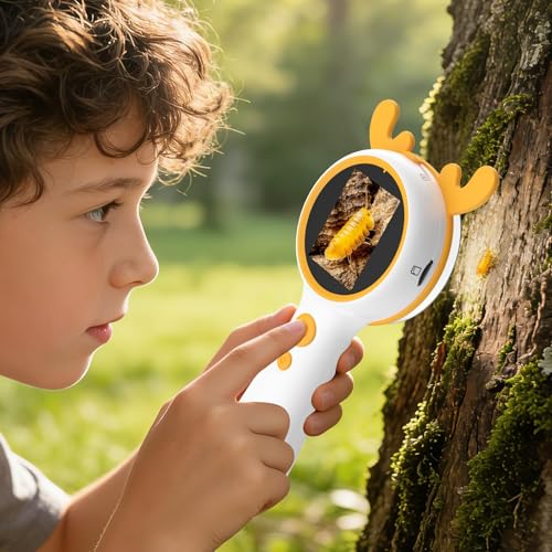 Aikokkl Kids Microscope Orange Deer - Digital Handheld STEM Kit & 1080P Camera (600x Zoom) - Portable Science Toy for Outdoor Camping & Backyard Fun - Gift for Boys & Girls Age 5-12