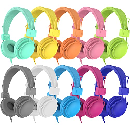 AILIHEN Classroom Headphones Kids 10-Pack for School Student K-5, On-Ear Premium Bulk Wired Headset with Mic, 85dB Volume Limited & SharePort, 3.5mm Jack for Chromebook, Computer, Laptop (Multicolor)
