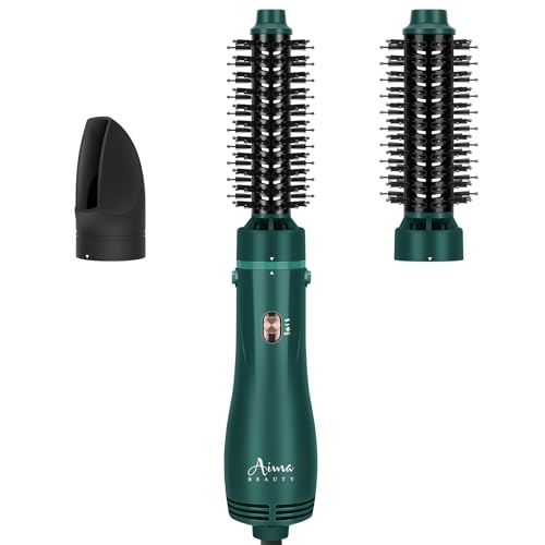 Aima Beauty Blow Dryer Brush Set - 4-in-1 Round Brush Blow Dryer Adds Shine, Smooth, Curl & Volume for Short to Medium Hair, Interchangeable 1” & 1.25” Round Barrel, Ionic Frizz Control, Dark Green