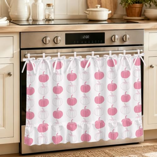 aimarisz Thanksgiving Pumpkin Oven Skirt Curtain, Fall Cute Pastel Pink Pumpkins Grid Layout Tie Top Tier Curtains Stove Dishwasher Skirt Small Window Drapes for Kitchen Bathroom Cafe 30"x21.5"