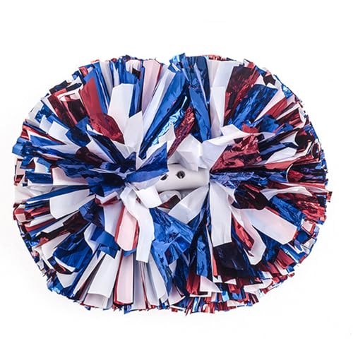 Aimengyingaizimo 2 Pack Pom Poms Cheerleading, Cheerleading Pom Poms for Girls with Baton Handle, Cheer Pompoms for Sports Team Spirit Cheering, Pompoms Cheerleader Kids(Metallic Blue&Red&White)