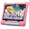 aiprotablet 10 inch Kids Tablet, Android 16 Tablet for Kid, Octa-Core CPU, 24GB RAM, 64GB ROM 1TF Card Expandable for Toddler Children,Tablets with Case, Parental Control, 6000mAh,WiFi, BT5.0 (Pink)