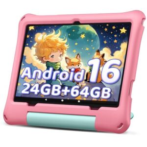 aiprotablet 10 inch Kids Tablet, Android 16 Tablet for Kid, Octa-Core CPU, 24GB RAM, 64GB ROM 1TF Card Expandable for Toddler Children,Tablets with Case, Parental Control, 6000mAh,WiFi, BT5.0 (Pink)