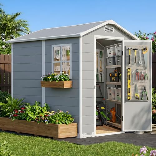 AIRAJ 4x6 FT Outdoor Storage Shed,Resin Storage Shed with Floor/Window/Vent/Roof Rainwater Drainage/Lockable Door,All-Weather Plastic Garden Sheds,for Yard,Garden,Poolside,Lawn Mower,Seasonal Items