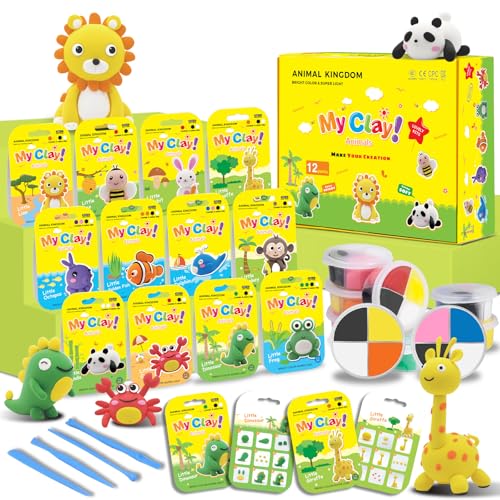 Air Dry Clay for Kids Air Clay Art Kits 12 Box Animals Theme Air Dry Modeling Clay Kit w/Sculpting Tools& Step-by-Step Tutorials,Ultra Soft Non-Sticky,Craft Party Favors Clay Toy Gift for Boys Girls