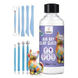 Air Dry Clay Glaze 100ml– High Gloss Varnish and 9pcs Clay Tools kit, Clear Protective Sealant to Prevent Cracking,Scratching & Wear,Pottery Tools for Stippling, Carving, Molding & Shaping Clay
