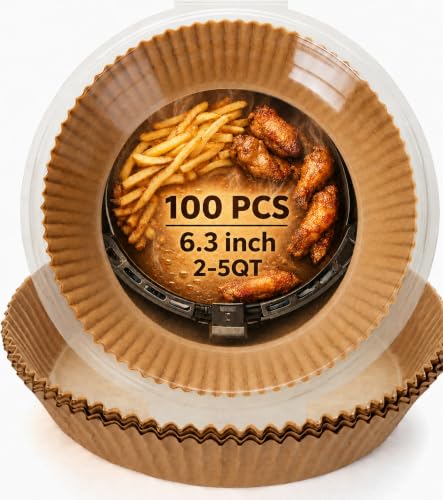 Air Fryer Paper Liners, 100Pcs 6.3 Inch Round Parchment Paper Liners, Non-Stick Oil-Resistant Disposable Air Fryer Sheets for Easy Cleanup, Suitable for Air Fryers, Ovens and Microwaves