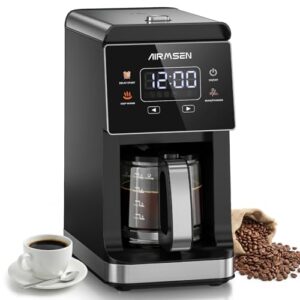 AIRMSEN Grind & Brew Coffee Maker with Built-in Grinder, Programmable Single Serve Coffee Maker - 5 Cup-800ML, 3 Grind Settings, Auto Keep Warm & Glass Carafe for Small Home and Office (Pure Black)