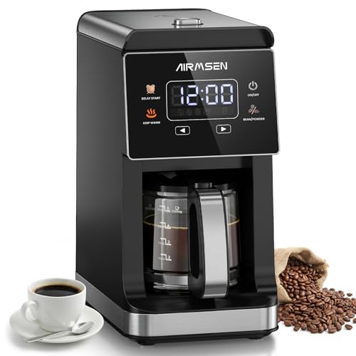 AIRMSEN Grind & Brew Coffee Maker with Built-in Grinder, Programmable Single Serve Coffee Maker - 5 Cup-800ML, 3 Grind Settings, Auto Keep Warm & Glass Carafe for Small Home and Office (Pure Black)