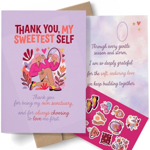 AIROW Greeting Card for Self Care and Self-Love, Thank You Gratitude Daily Affirmations for Women, Artistic Sweet Self Reflection Design, Standard A5 Size, Double-Sided, Envelope & Sticker Sheet