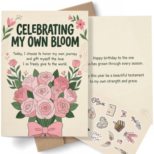 AIROW Self-Love Birthday Greeting Card for Myself, Empowering Floral Art for Personal Growth, Standard A5 Size, Double-Sided Print, Original Design, Includes Kraft Envelope and Matching Sticker Sheet