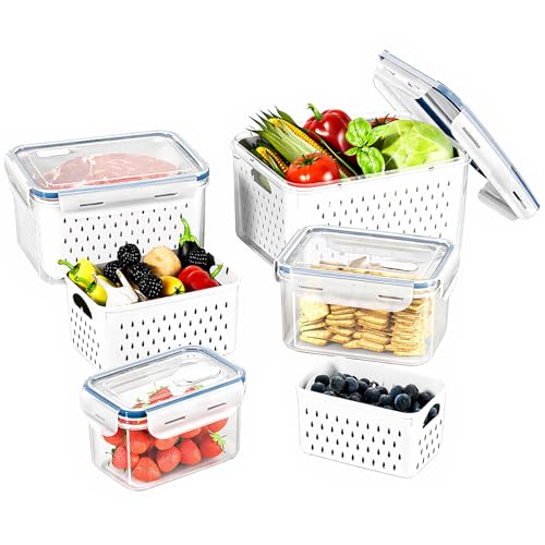 Aisafy Fruit Storage Containers for Fridge with Removable Colander, Food Storage Containers with Lids, Dishwasher & Microwave Safe, Keep Berry Fruit Vegetable Meat Fresh Longer (Clear Body/Clear Lid)