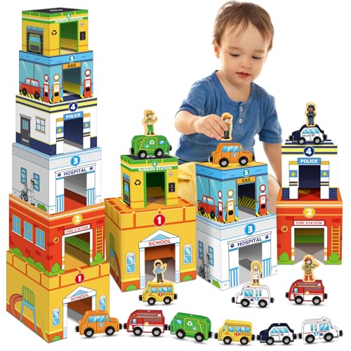 Aizweb Toddler Sorting&Stacking Toys with Magnetic Wooden Vehicle,Cars&Community Helpers,STEM Building Blocks,Educational Learning Montessori Gifts for 1 2 3 Year Old Boys Girls Preschool Kindergarten