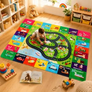 AKASISRUG ABC Transportation Kids Road Rugs 5'×6'7", Non-Slip Educational Alphabet Mat for Playroom