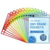 AKONEGE 15 Pack Oversized Dry Erase Pockets Sleeves - 10 x 13 Inch Ticket Holders Reusable Clear Plastic Sleeves Sheet Page Protectors for School Teacher Supplies & Classroom Organization, 5 Colors