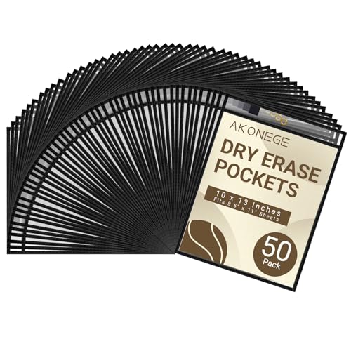 AKONEGE 50 Pack Oversized Dry Erase Pocket Sleeves - 10 x 13 Inches Shop Ticket Holders Reusable Clear Plastic Sleeves Sheet Protectors for Documents, Teacher Classroom & Office Supplies, Black