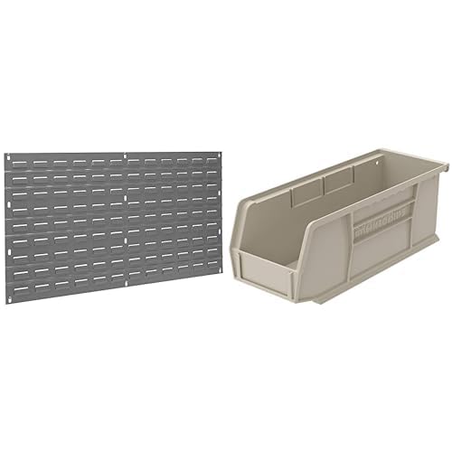 Akro-Mils 36"x19" Steel Wall Mount Louvered Panel with 12-Pack of 11"x4"x4" AkroBins Stackable Plastic Storage Bins (Stone), Organization Bundle for Garage, Workshop, Classroom