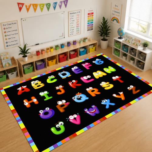 AlaTyche 6'7''x8'7'' ABC Black Classroom Rug, Daycare Rugs for Classroom, Large Classroom Rugs Elementary, Preschool Rugs for Children, Kindergarten Educational Rug for Classroom