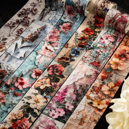 Alideco 6pcs Decorative Adhesive Tapes Vintage Flower Washi Paper Tape Great for Bullet Journal Supplies, Arts, Scrapbook, DIY Crafts, Planners (qihuamanying)