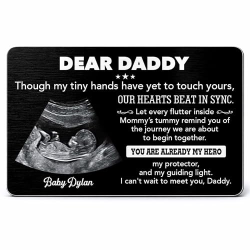 ALMAGEMSUS Personalized Aluminum Wallet Card for Dad, Custom Ultrasound Photo Wallet Insert, Dear Daddy Though My Tiny Hands Have Yet To Touch Yours Our Hearts Beat In Sync, Gift for New Dad