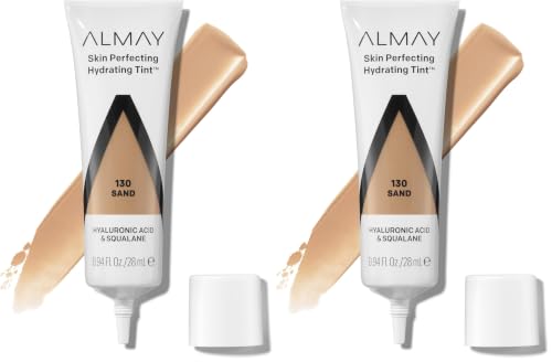 Almay Hydrating Liquid Foundation Tint, Lightweight with Light Coverage, Naturally Dewy Finish, Hypoallergenic, Dermatologist TestedFragrance Free, 130 Sand, 0.94 fl oz. (Pack of 2)