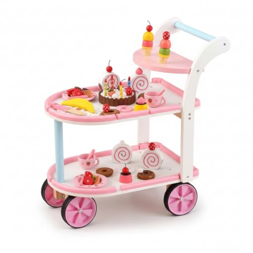 Almencla Children Kitchen Playthin Wooden Dessert Cart Toy Trolley Wagon Pushcart Pretend Play Serving Set with and Storage Suitable for Role Play Home playroom Birthday Gifting 56.5cm