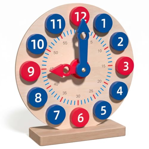Almencla Children Wooden Time Teaching Clock Toy with Numbered Dial Minute Markers Movable Hands Wood Base Early Math Learning Aid Suitable for Preschool Teaching homeschooling Parent Child Play