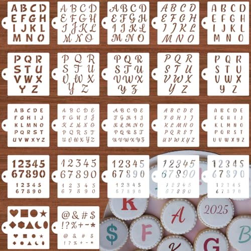Alphabet Letter Stencils for Cookies Decorating - 22 Pack Letter Number Templates for Cakes Cookies Royal Icing Airbrush, Reusable Cursive Stencils for Wood Fabric Crafts Painting & Cake Coffee Baking