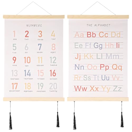 Alphabet Numbers Poster Hanger Frames, Wooden Wall Scrolls with Canvas and Tassels, Alphabet and Number Chart, Playroom Wall Decor, Educational, Artistic, Natural Wood Texture for Kids Room