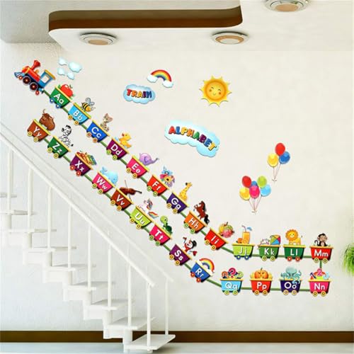 Alphabet Train Wall Decals Color Letter ABC Educational Wall Stickers Peel and Stick Animals Train décor for Kids Toddlers Classroom Playroom Bedroom Wall Decorations (Modern-1)