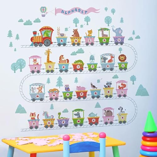 Alphabet Train Wall Decals Color Letter ABC Educational Wall Stickers Peel and Stick Animals Train décor for Kids Toddlers Classroom Playroom Bedroom Wall Decorations (Modern-2)