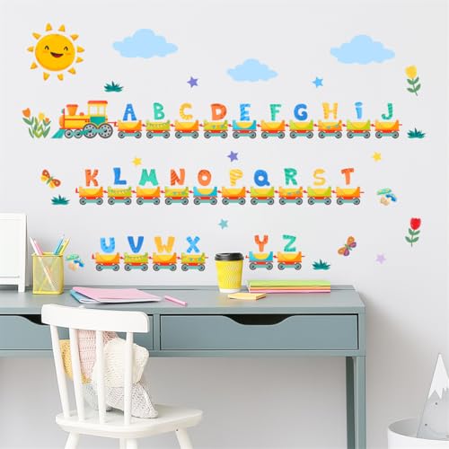 Alphabet Train Wall Decals Color Letter ABC Educational Wall Stickers Peel and Stick Animals Train décor for Kids Toddlers Classroom Playroom Bedroom Wall Decorations (Modern-4)