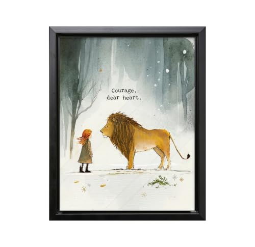ALPINE INK CO. Motivational Quote Canvas Poster - Courage Dear Heart Typography - Watercolor Lion and Girl Design - Bedroom Office Classroom Wall Decor - 8x10 Black Framed Canvas Print