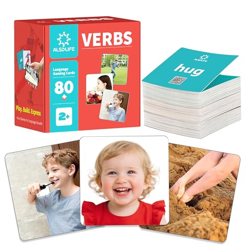 ALSOLIFE 80 Verb Cards Speech Therapy, Videos for Fun Learning, Sturdy and Durable Action Verbs Flash Cards for Kids, Speech Therapy Materials for Autism Non Verbal Autistic Kids Ages 4-8