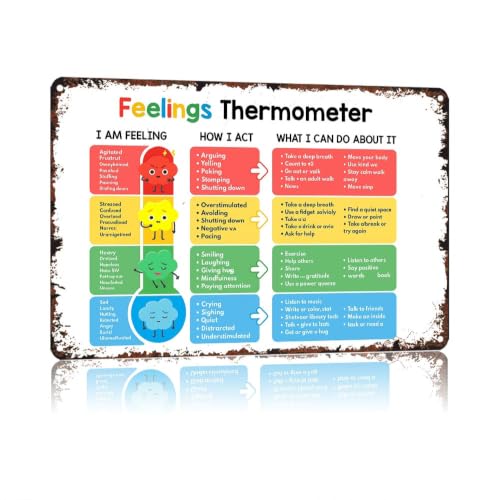 Aluminum Feelings Thermometer Poster, 12x8 Inch Metal Wall Sign, Emotion Regulation Coping Skills Chart for Classroom, Kids Mental Health Decor, Social Emotional Learning Guidance Art