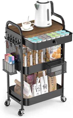 ALVOROG 2-Pack 3 Tier Rolling Utility Carts with Wheels, Pegboards, Hooks & Baskets, Includes Basic Cart and Drawer Cart with Wood Top