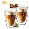ALYBSOO Double Walled Glass Coffee Mugs Heart - Set of 2, 12oz Insulated Latte Macchiato Glasses, Cute Espresso Cappuccino Cups, Housewarming Birthday Wedding Christmas Anniversary Coffee Gifts
