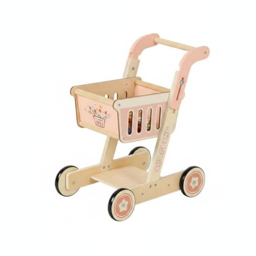 Amagogo Children Simulation Cart Wooden Cart Kids Play Cart with Push Handle Wheels and Open Storage for Sorting and Storytelling Suitable for Home playroom Preschool Daycare, Pink Shopping Cart