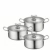 Amagogo Kitchen Cooking Utensils Stainless Steel Cookware Set Pots Pans Stockpot Saucepan With Glass Lids Even Heating Induction Ready Sturdy Side Handles, Silver Handle, 16-18-20CM
