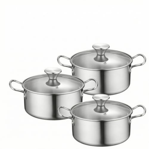 Amagogo Kitchen Cooking Utensils Stainless Steel Cookware Set Pots Pans Stockpot Saucepan With Glass Lids Even Heating Induction Ready Sturdy Side Handles, Silver Handle, 16-18-20CM