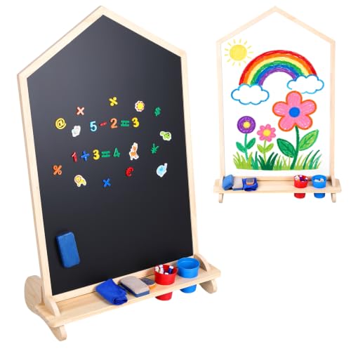 AMAMIA Kids Art Easel House-Shaped Double-Sided Magnetic Drawing Board with Storage Tray, Wood Whiteboard and Chalkboard for Toddlers, 40-inch Height, Educational Play Set Small