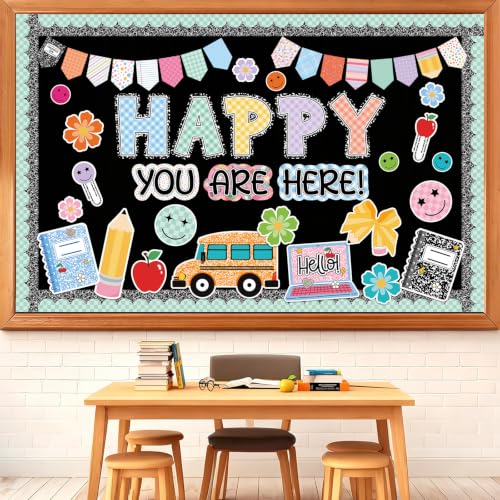 AmazingSpark 108 Pcs Back to School Bulletin Board Decorations, Happy You are Here Positive Message Set with Smile Face for Classroom Decor, Welcome Sign for Door Wall Display with Adhesive Dots