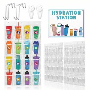 AmazingSpark 2 Pcs Water Bottle Organizer for Classroom 32 Holders over the Door Storage Rack for Cup and Various Sizes with Hydration Station Sign Sticker(PVC,Classic,Transparent)