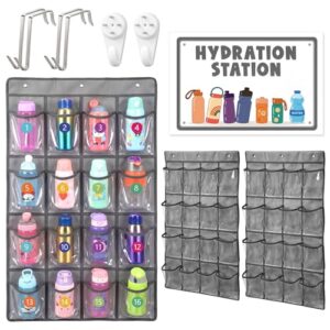 AmazingSpark 2 Pcs Water Bottle Organizer for Classroom 32 Holders over the Door Storage Rack for Cup and Various Sizes with Hydration Station Sign Sticker(PVC,Classic,Gray)