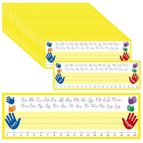 AmazingSpark 48 Pcs Left/Right Hand Cursive Name Plate for Desk, Self Adhesive Nametags with Alphabet Number Line 1-30 Waterproof Standard Alphabet Nameplates for Classroom School