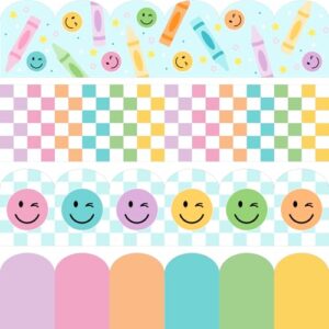 AmazingSpark 4 Rolls 118 ft Colorful Checkerboard Bulletin Board Borders Scalloped Smile Face Classroom Decoration Crayon Striped Border Trims for Back to School Office Chalkboard Wall Decor